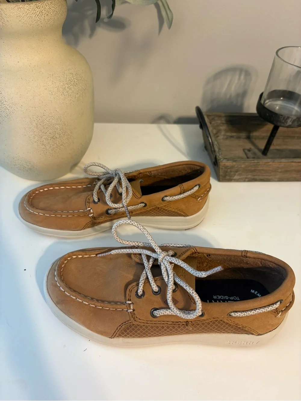 Kids Tan Sperry Boat Shoes with Contrast Laces